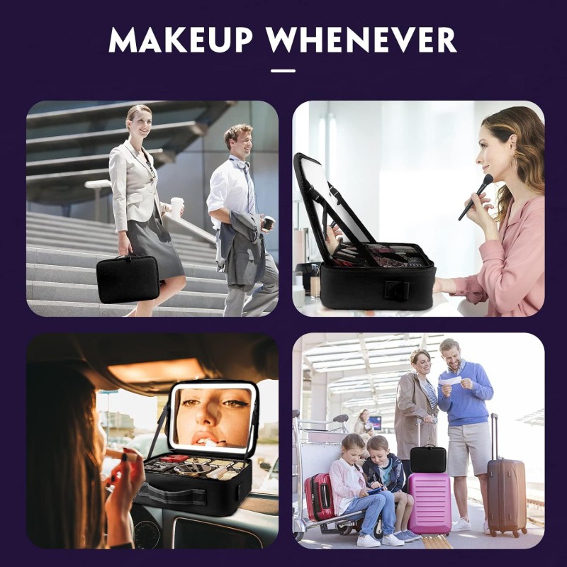 Personalized PU Leather Makeup Bag with LED Lighted Mirror Travel Vanity Case with Dividers for Cosmetics