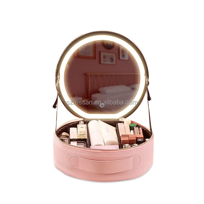 Round Large Capacity Smart Professional Make up Organizer Travel Cosmetic Makeup Bag case with Led Mirror and Jewel case