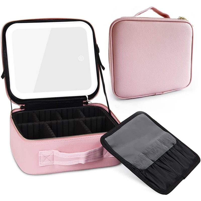 Newfashioned Travel Makeup Bag  LED Lighted Makeup Case  Mirror Multiple Color Setting Cosmetic Makeup Box Organizer Vanity Case