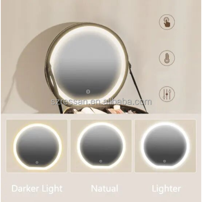 Round Large Capacity Smart Professional Make up Organizer Travel Cosmetic Makeup Bag case with Led Mirror and Jewel case
