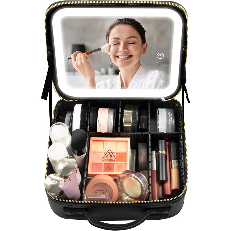 Ressan Travel Makeup Bag With LED Lighted Makeup Case Mirror Multiple Color Setting Cosmetic Makeup Box Organizer Vanity Case