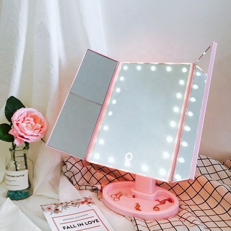 Makeup Mirror Vanity Mirror with Lights 22 LED Trifold Mirrors Touch Control 1x/2x/3x Magnification Two Power Supply
