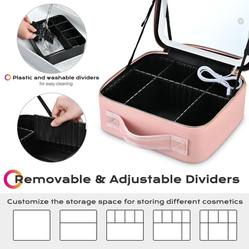 Ressan Travel Makeup Bag With LED Lighted Makeup Case Mirror Multiple Color Setting Cosmetic Makeup Box Organizer Vanity Case