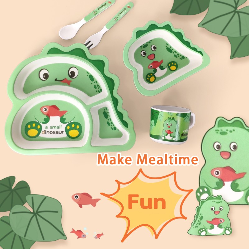 Kids Plate Factory - Green Dinosaur Shape Bamboo Fiber Divided Non-spill