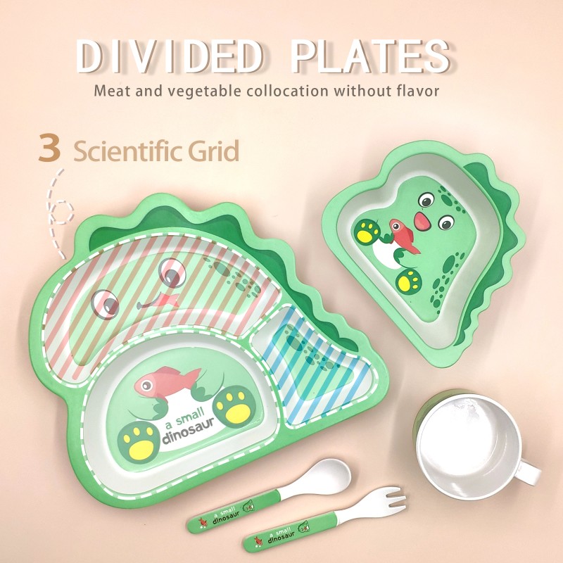 Kids Plate Factory - Green Dinosaur Shape Bamboo Fiber Divided Non-spill