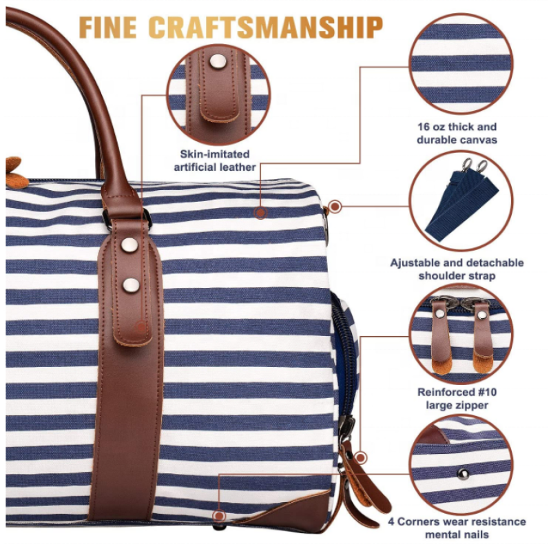 Weekender Bag Factory - 21\" Striped Canvas PU Leather Duffle Tote