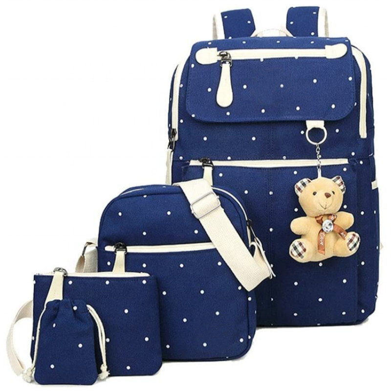 Backpack Set Supplier - 4Pcs Polka Dot Canvas School Bag for Girls