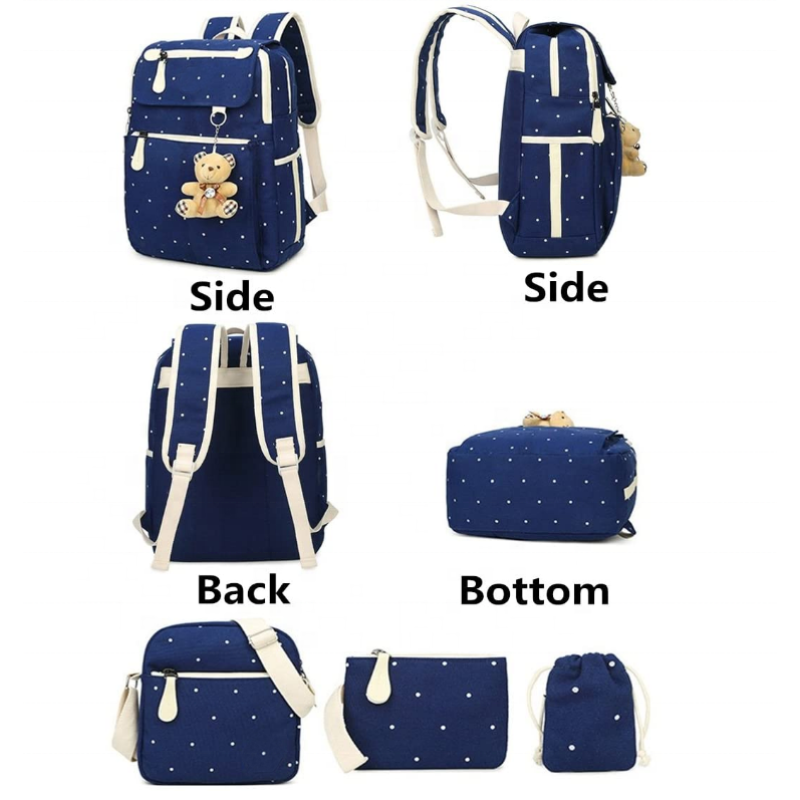 Backpack Set Supplier - 4Pcs Polka Dot Canvas School Bag for Girls