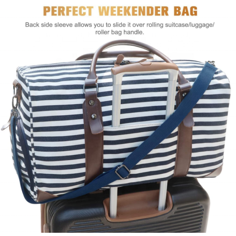 Weekender Bag Factory - 21\" Striped Canvas PU Leather Duffle Tote