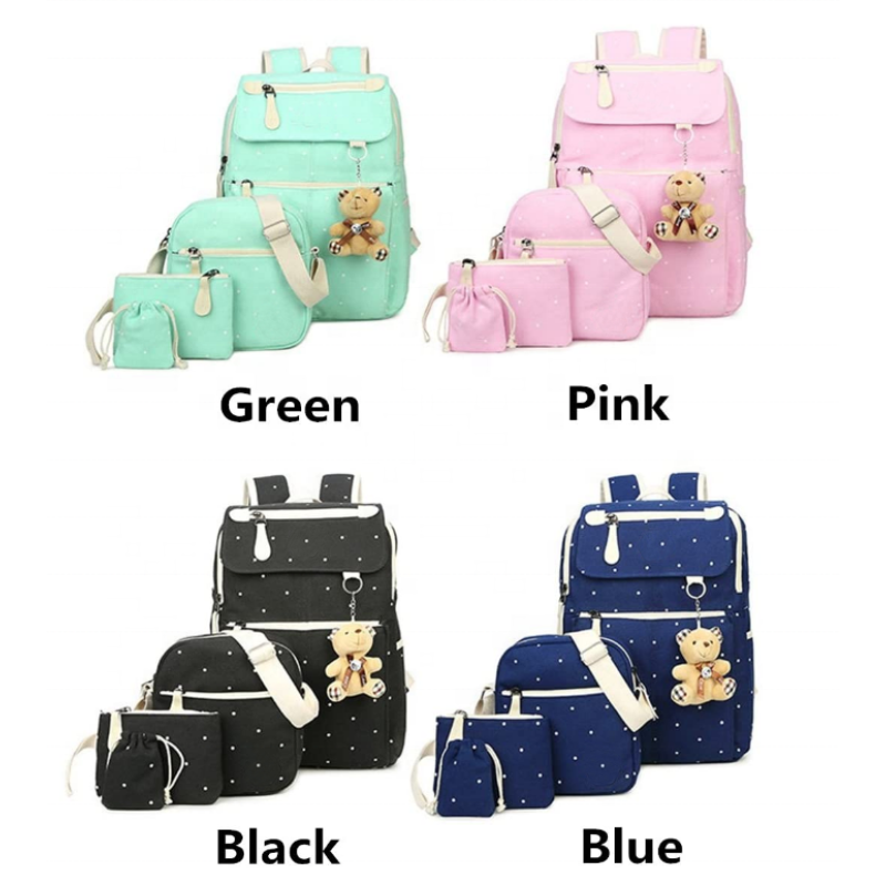 Backpack Set Supplier - 4Pcs Polka Dot Canvas School Bag for Girls