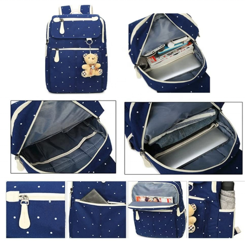 Backpack Set Supplier - 4Pcs Polka Dot Canvas School Bag for Girls