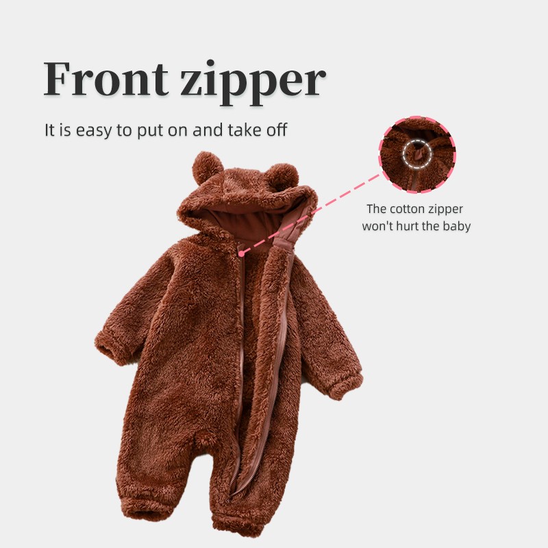 Baby Romper Manufacturer - Flannel Zipper Bear Hooded Winter Jumpsuit