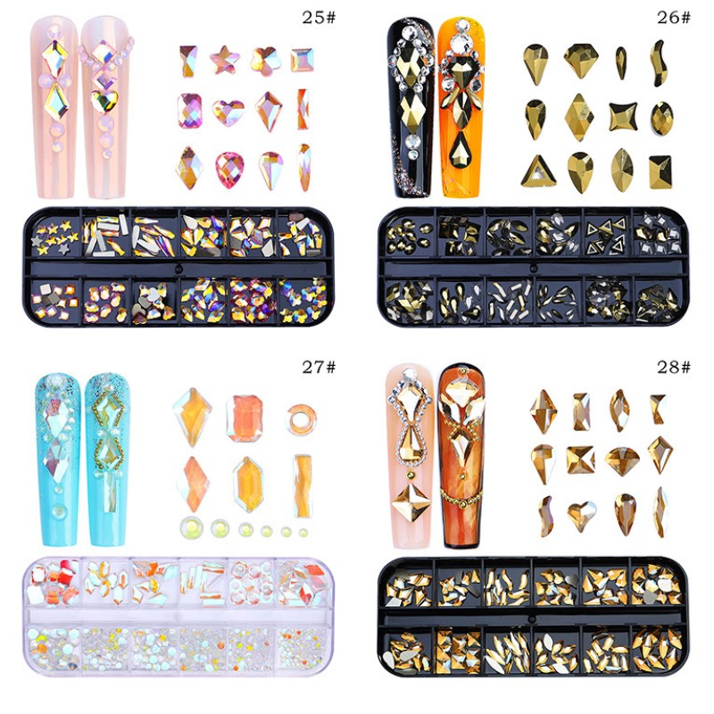 12-Grid 3D AB Nail Art Jewelry Special-Shaped Flat Bottom Rhinestone with Zircon Diamond Nail Decoration