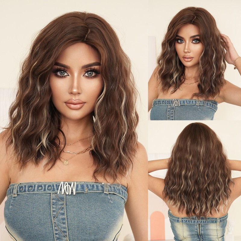 High-Natural Brown Wig for Ladies Small Shoulder-Length Body Wave Curly Hair Side Bangs Highlighting Gold Heat-Resistant