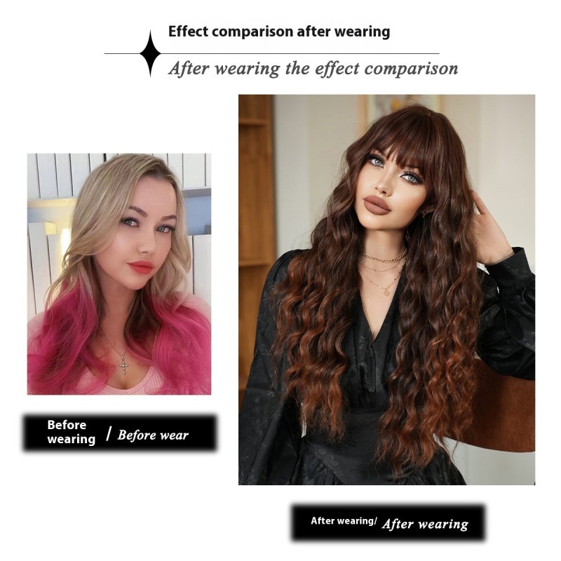 Women's High-Temperature Silk Chemical Fiber Long Brown Water Wave Wig Full Head Coverage Cross-Border Style
