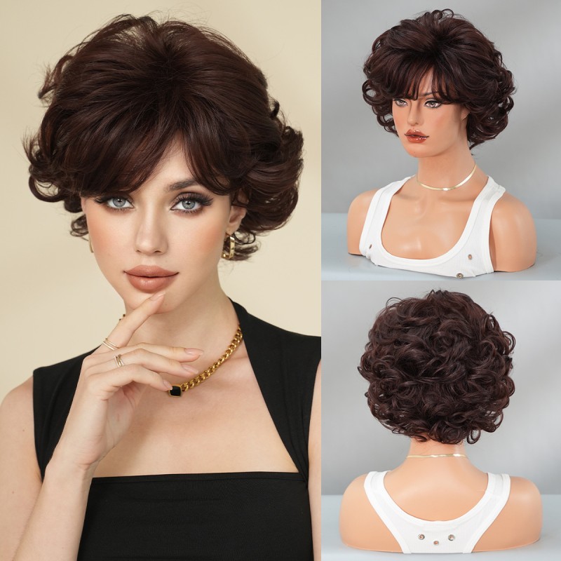 2025 Ladies Vintage Wig Brown Elf Short Hair 7080 S Chemical Fiber with Small Cap Wholesale Vintage Headgear