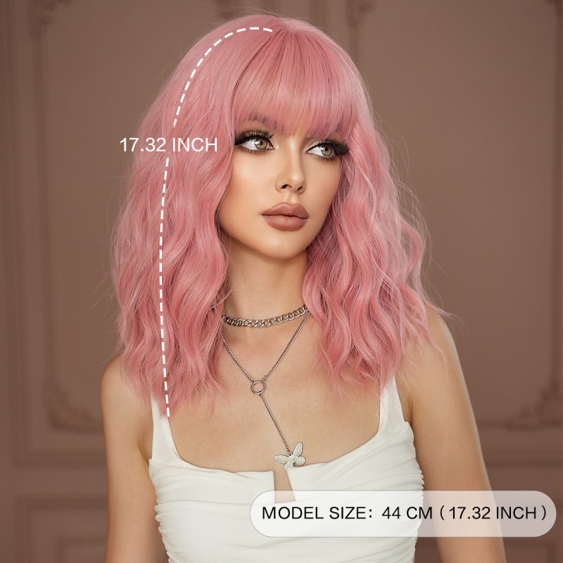 Women's Pink Shoulder-Length Cosplay Wig Full Head Cover Curly Hair Cyber-red Small Cap Transparent Lace Water Ripple Design