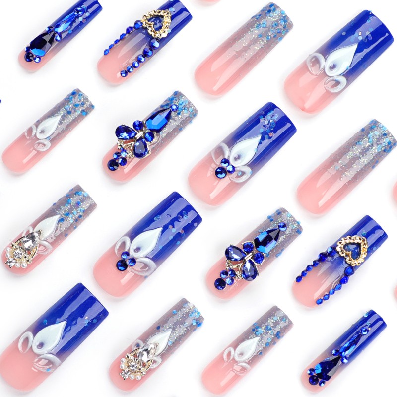 Wholesale French Armor-Inspired Artificial Fingernails Cross-Border Diamond Flash Nail Pieces Water Pipe Rectangular for Finger