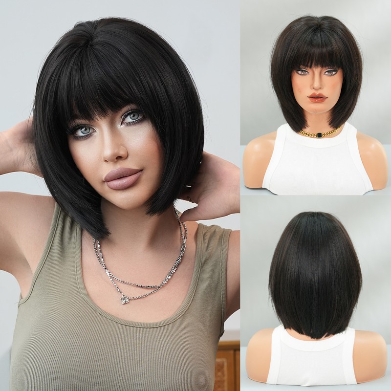 2025 Retro Smooth Black Wig with Small Hat Short Hair S Chemical Fiber Wholesale Headgear