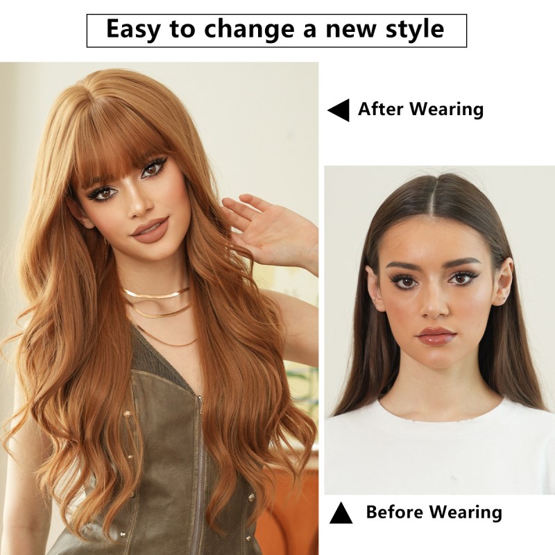 High Quality Asian Women's Ginger Wig Small Cap Size Natural Style Full Headset Daily Wavy Curly Hair Transparent Fluffy Look