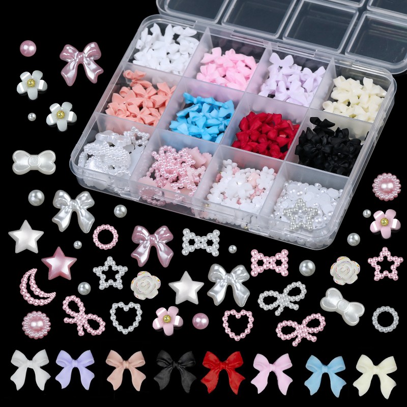 Hot-Selling 3D Ribbon Butterfly Nail Jewelry Set French Resin DIY Accessories with Pearl Moon Love Resin Stickers & Decals