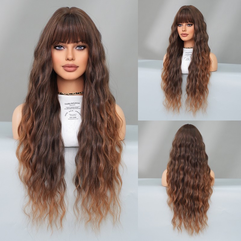 Women's High-Temperature Silk Chemical Fiber Long Brown Water Wave Wig Full Head Coverage Cross-Border Style