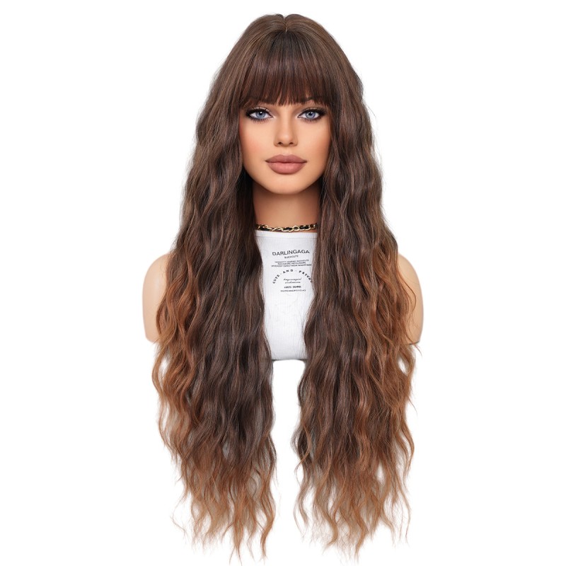 Women's High-Temperature Silk Chemical Fiber Long Brown Water Wave Wig Full Head Coverage Cross-Border Style
