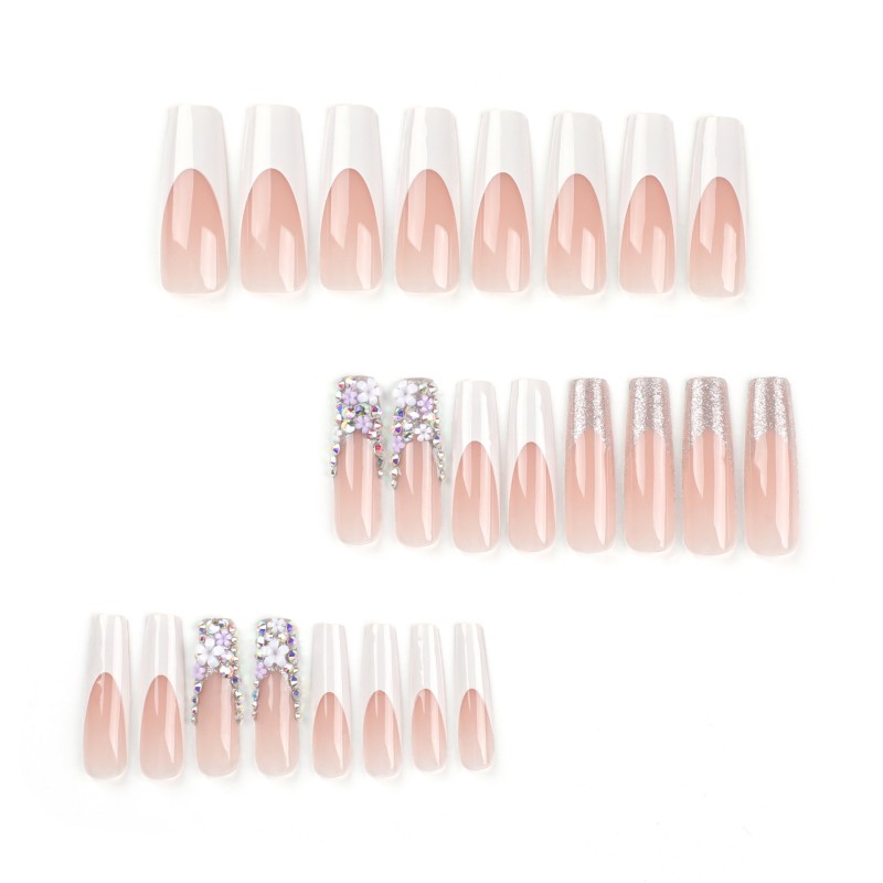 European American Super Long Nail Piece French White Edge Flower Colored Diamond ABS Material New Design Artificial Fingernails