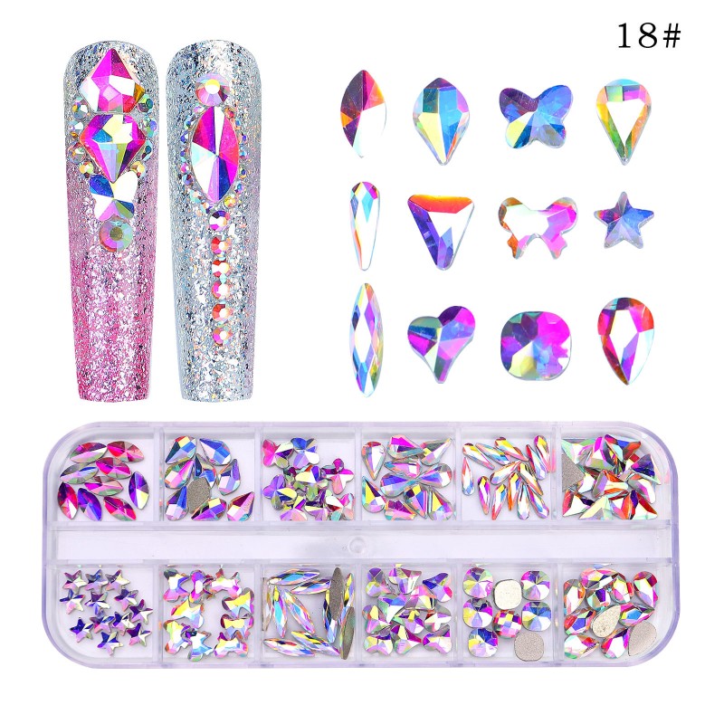 12-Grid 3D AB Nail Art Jewelry Special-Shaped Flat Bottom Rhinestone with Zircon Diamond Nail Decoration