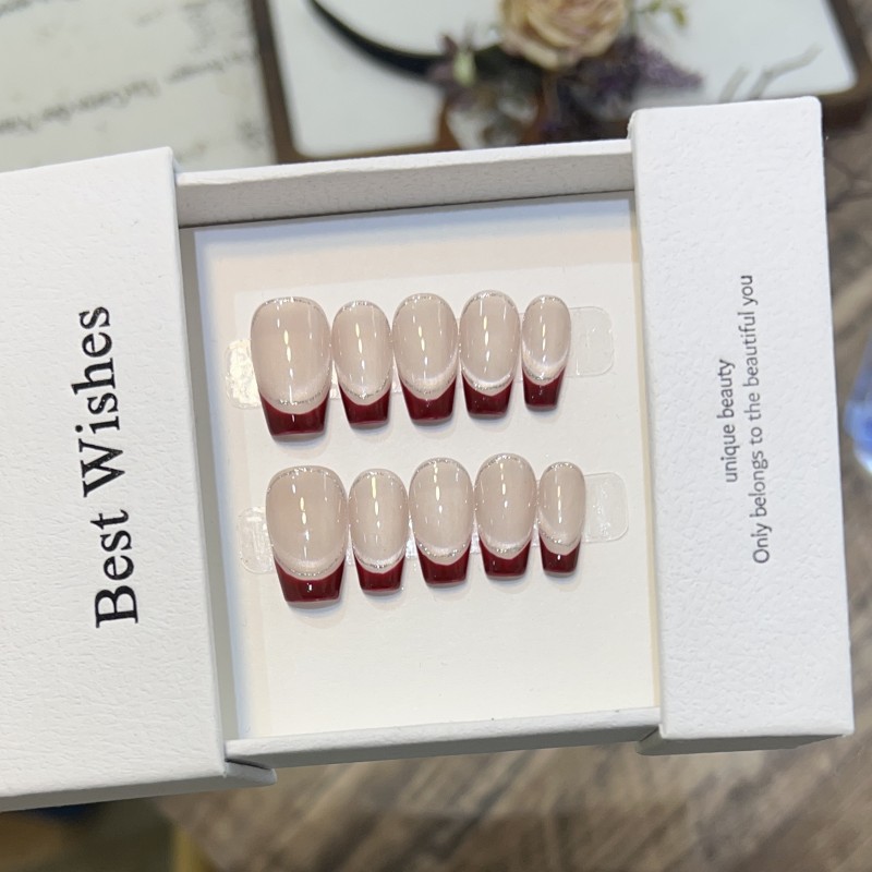 Nude Cat's Eye Nail Art Short French Style  Nail Patch Detachable Wine Red Square Pattern for Finger Application