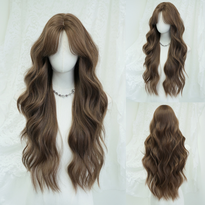 Warm Brown Women's Wig Daily Use Seamless Full Head Cover Big Wavy Curly Braids Long Hair for Natural Light Brown