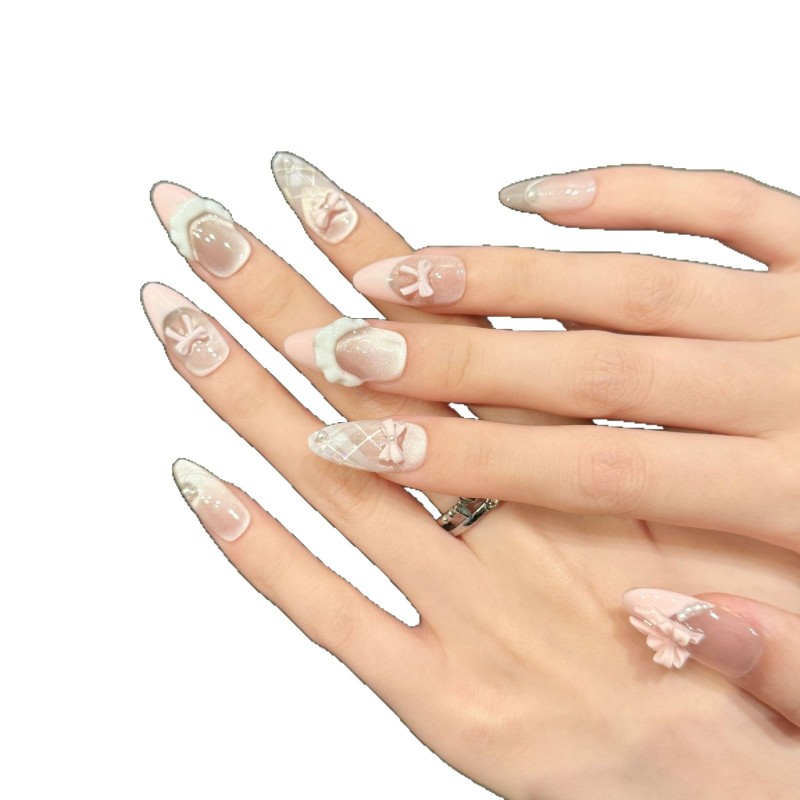 Original French Cat's Eye Pink Bow Ice White Hand-Worn Armor Skirt for Ballet Application Finger Artificial Fingernails