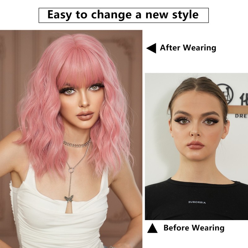 Women's Pink Shoulder-Length Cosplay Wig Full Head Cover Curly Hair Cyber-red Small Cap Transparent Lace Water Ripple Design