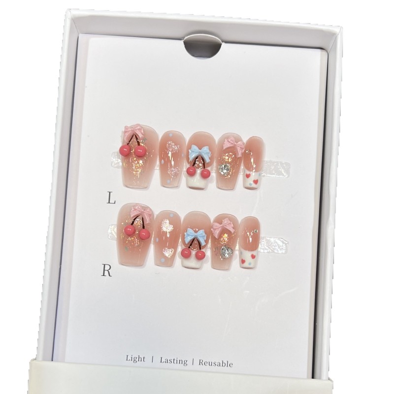 French Style Cherry Balls Bow Nail Art Design Cute Wind Blush Acrylic Nails Pure Hand-Worn Square Armor with Glue LB41