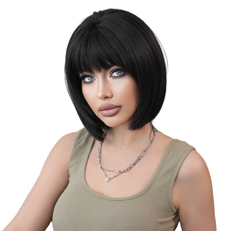 2025 Retro Smooth Black Wig with Small Hat Short Hair S Chemical Fiber Wholesale Headgear