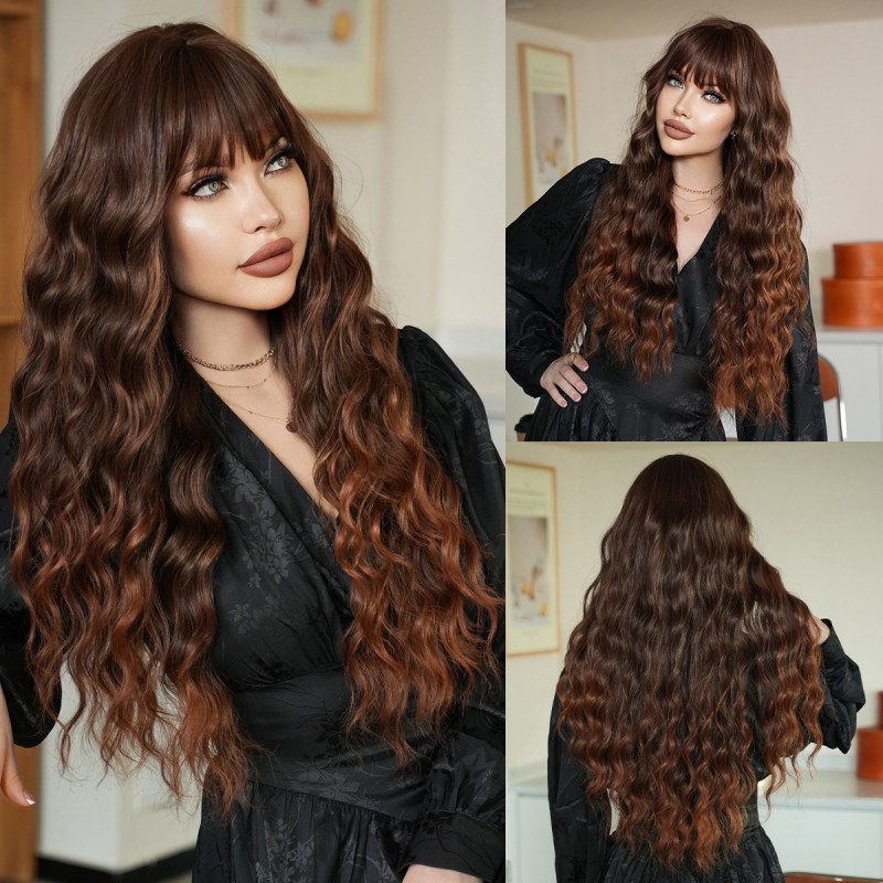 Women's High-Temperature Silk Chemical Fiber Long Brown Water Wave Wig Full Head Coverage Cross-Border Style