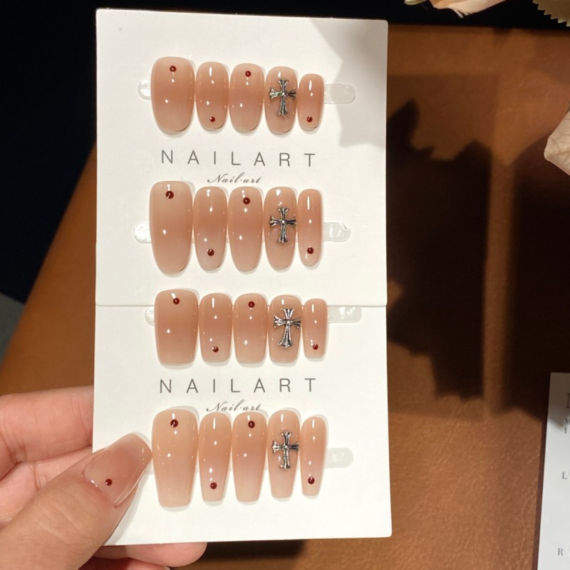 Aomian Milk Tea Time Nail Art Pure Hand-Wearing Armor Gentle White Gradient Croheart Nude French Style for Fingers