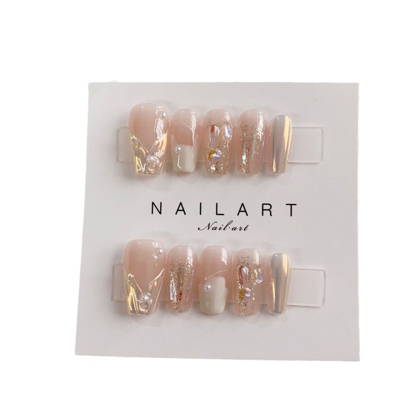 Aomian Hand-Wearing 14 Mermaid Tears Nail Pieces Aurora Diamond Fake Nail Patch French Style Application for Fingers