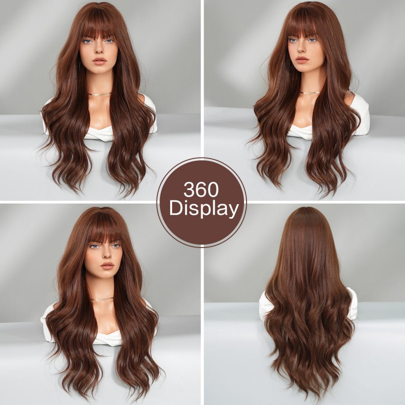 Cross-border Supply: Women's Long Curly Warm Brown Daily All-Season Wig with High-Temperature Fiber Full Wig Cap