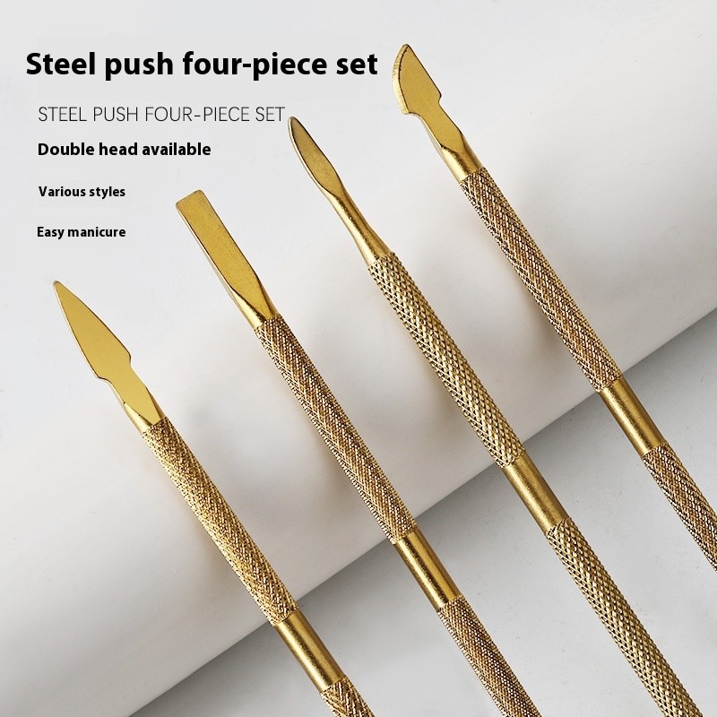 4-Piece Stainless Steel Double-Headed Dead Skin Armor Stripper Kit Color Nail Cuticle Pusher & Oil Pusher Tool Set