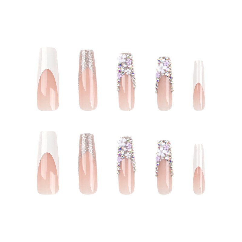 European American Super Long Nail Piece French White Edge Flower Colored Diamond ABS Material New Design Artificial Fingernails
