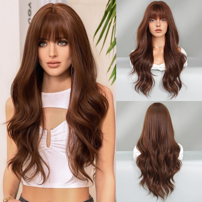 Cross-border Supply: Women's Long Curly Warm Brown Daily All-Season Wig with High-Temperature Fiber Full Wig Cap