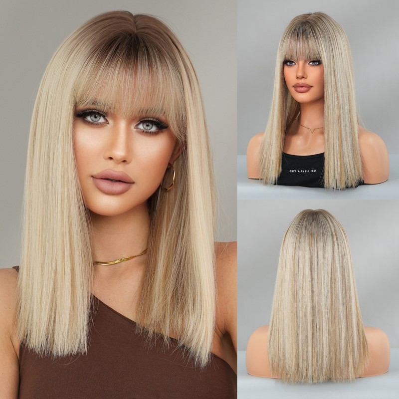 2025 Linen Golden Shoulder Women's Straight Wig Small Cap Size Full Head Cover Rose Mesh Top Light Brown Dye Chemical Fiber for