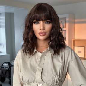 Dark Brown Hong Kong Style Women's Short Curly Hair Wig Full Head Cover with Fluffy Natural Face Shoulder Clavicle Small Cap