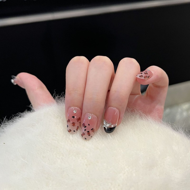 Early Autumn Wear Armor Pure Hand-made Caramel French Leopard Butterfly Manicure for Fingers for Nail Art in Winter