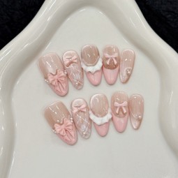 Original French Cat's Eye Pink Bow Ice White Hand-Worn Armor Skirt for Ballet Application Finger Artificial Fingernails