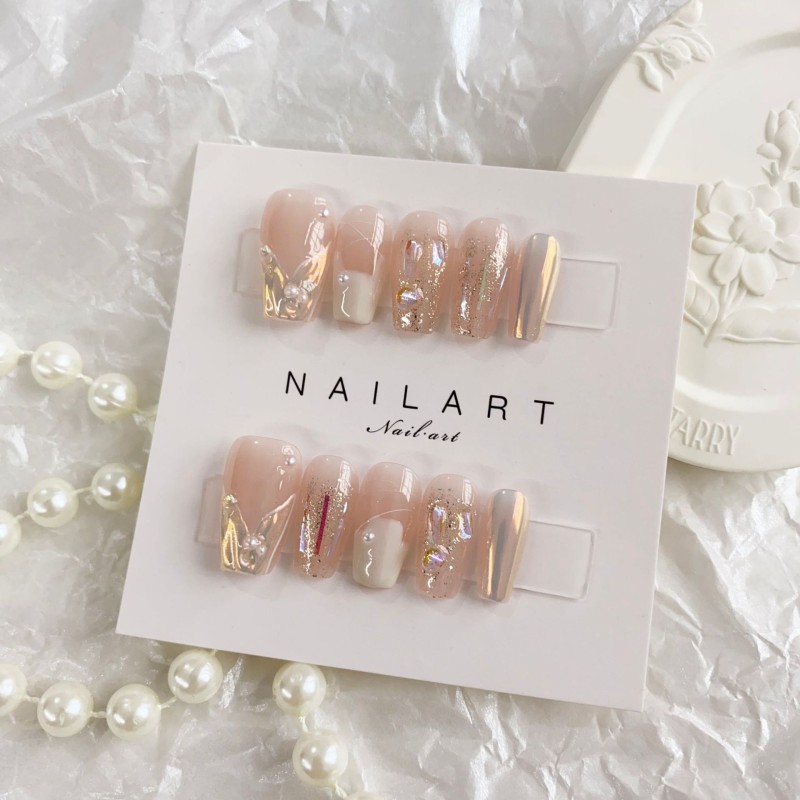 Aomian Hand-Wearing 14 Mermaid Tears Nail Pieces Aurora Diamond Fake Nail Patch French Style Application for Fingers