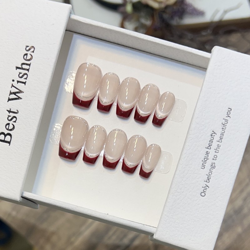 Nude Cat's Eye Nail Art Short French Style  Nail Patch Detachable Wine Red Square Pattern for Finger Application