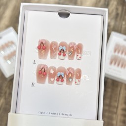 French Style Cherry Balls Bow Nail Art Design Cute Wind Blush Acrylic Nails Pure Hand-Worn Square Armor with Glue LB41