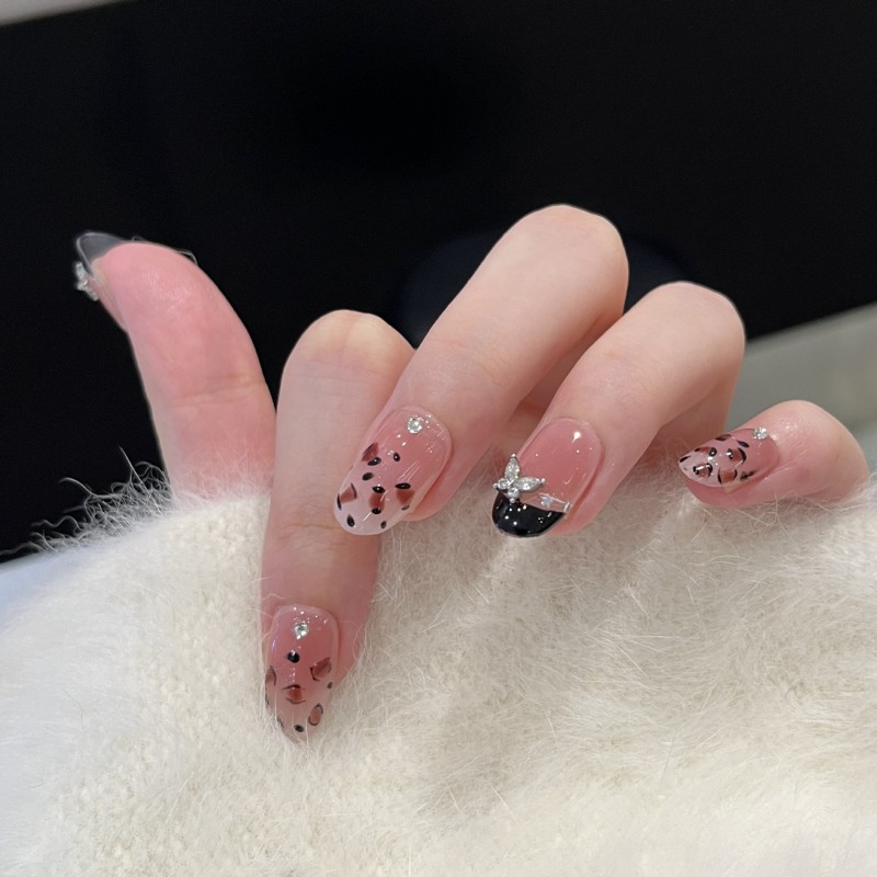 Early Autumn Wear Armor Pure Hand-made Caramel French Leopard Butterfly Manicure for Fingers for Nail Art in Winter